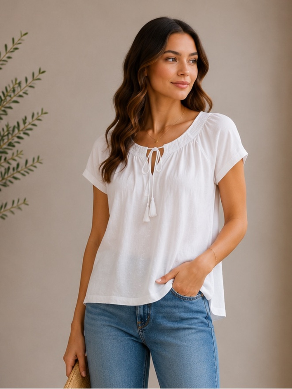 Lauren Ralph Lauren White Top Tie Tassel Neck 100% cotton size‎ small